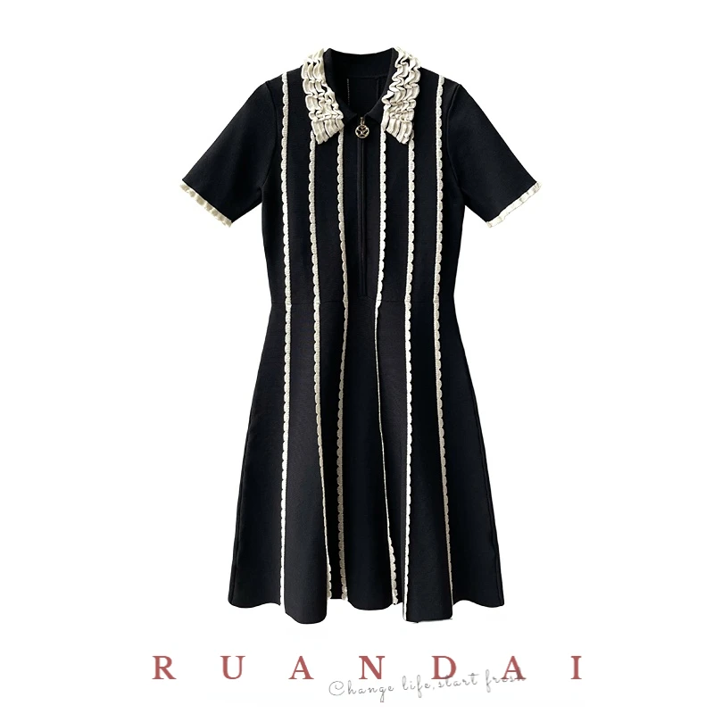 

Tweed Short-sleeved A-line Skirt for 2022 Summer New Little Black Dress Polo Collar Vertical Striped Knitted Dress Women