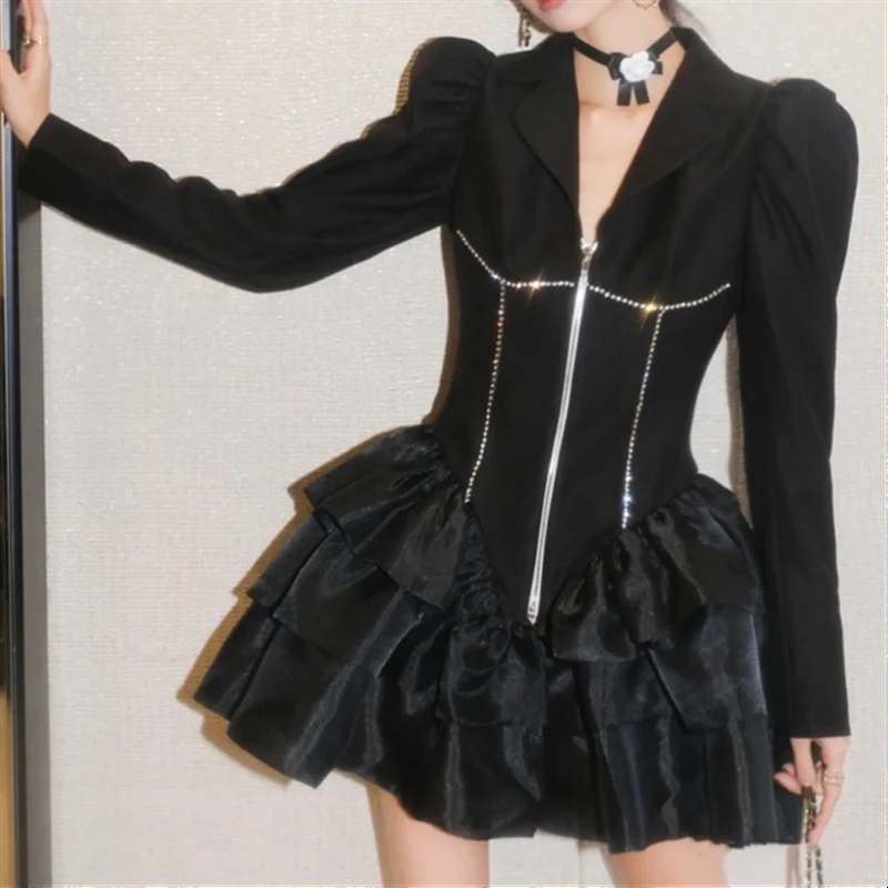 Элегантное однотонное Черное Осеннее платье с пышными рукавами и отложным