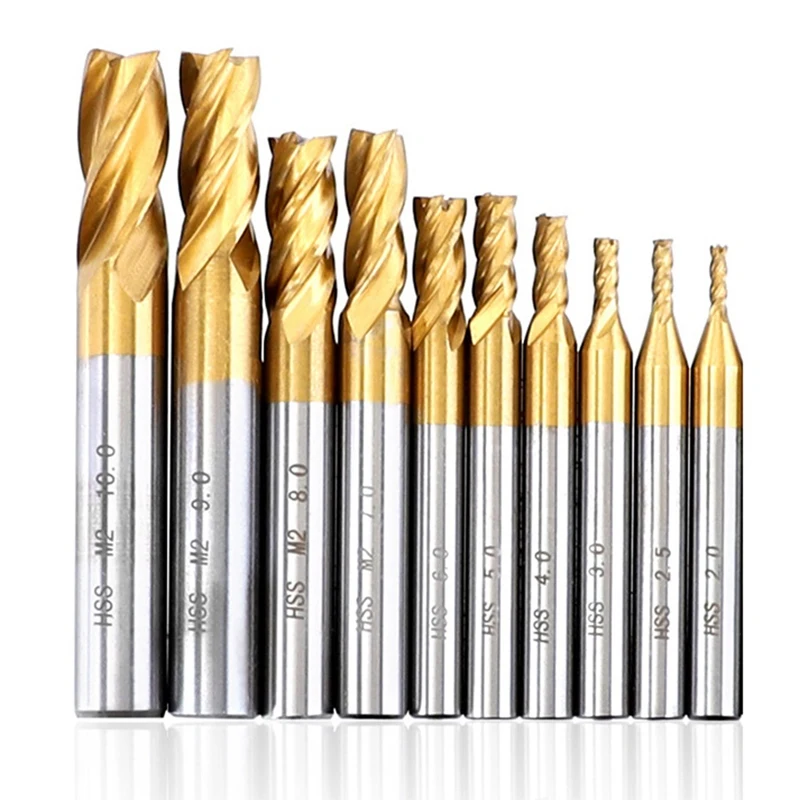 

Набор фрез с титановым покрытием, фрезы из быстрорежущей стали с 4 канавками, с прямым хвостовиком 6 мм, 10 шт., 2-10 мм