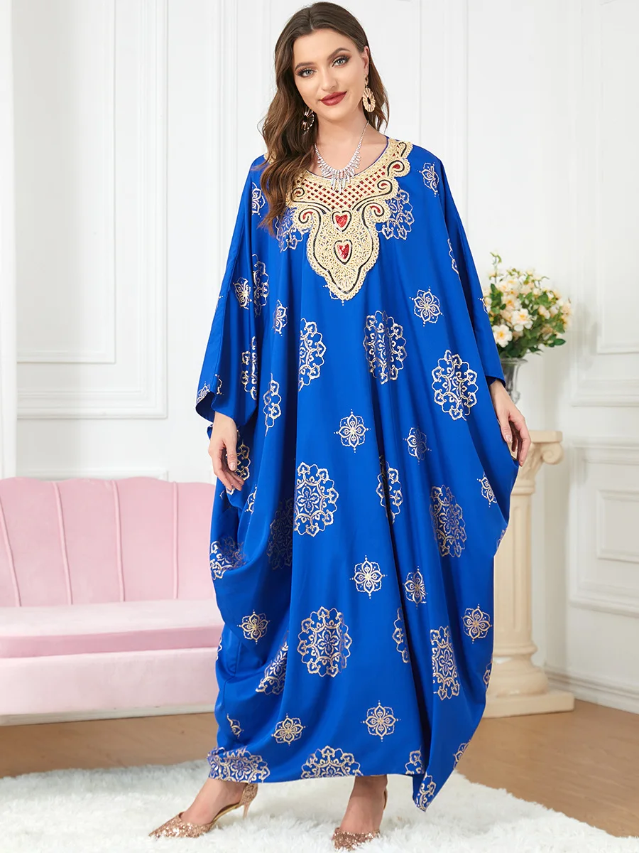 

Plus Dresses O Neck Gold Printed Bat Sleeve Embroidery Loose Elegant Luxury Birthday Blue Dress Women