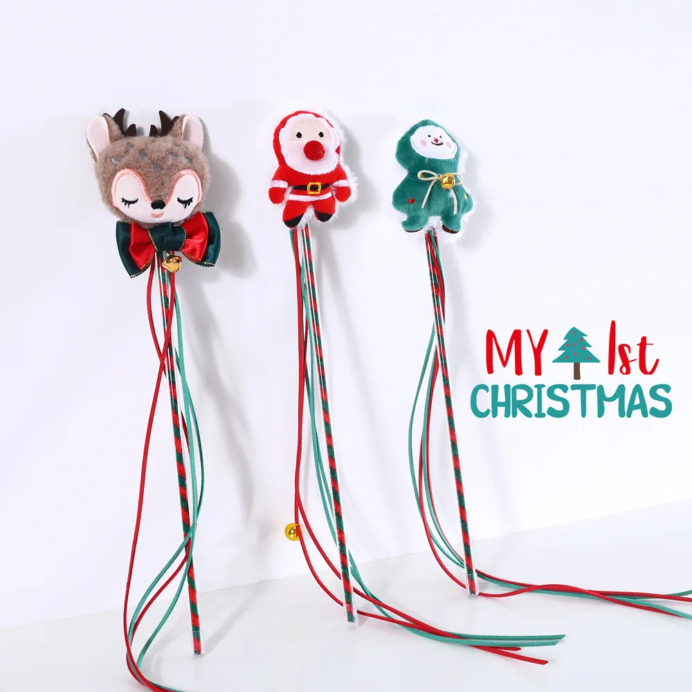 

Christmas Cat Catcher Teaser with Tassel Interactive Cat Wand Toy with Bell for Small Medium Large Cats Fun Xmas Santa Elk Toys