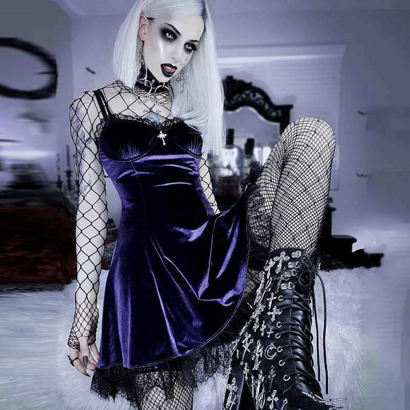 Фото Женское винтажное бархатное платье Goth Cross, фиолетовое ТРАПЕЦИЕВИДНОЕ ПЛАТЬЕ в стиле Лолиты, вечернее платье с высокой талией в готическом стиле №1