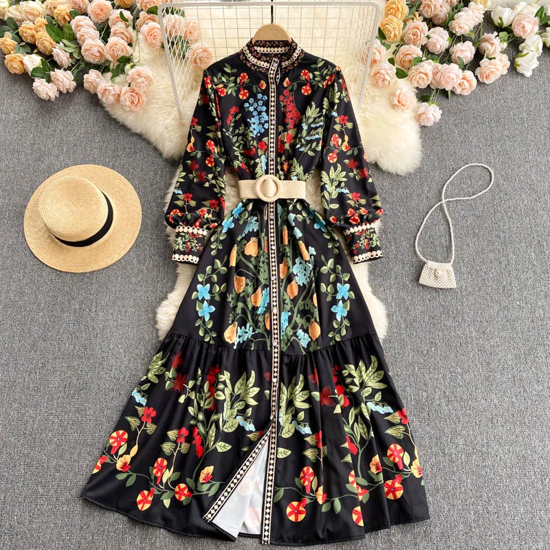 

2022 Autumn Chic Sashes Flower Print Dresses Women Exquisite Button Vintage Dress 2022 Stand Collar Slim Waist Vestidos