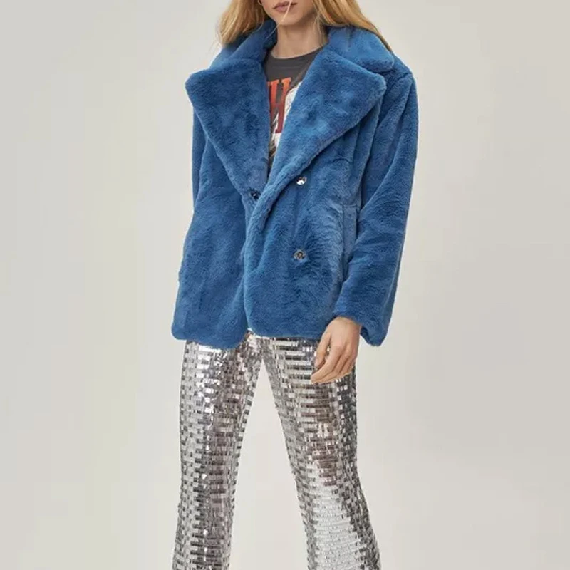 2022 Fall Winter Thick Warm Women Faux Fur Jacket Turn Down Collar Pockets Caramel Rabbit Fur Coat Female Thickened Outerwear