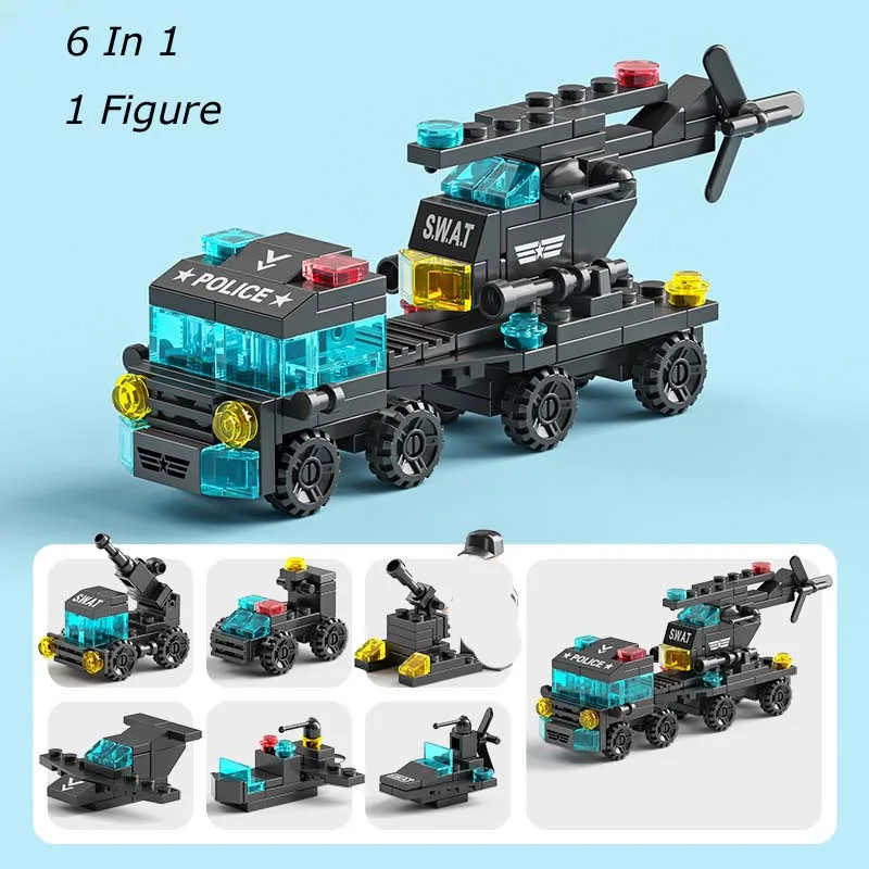

6 Sets Building Blocks Puzzle Assembly Car Toys Children Small Particle Morphing Robot Kong SPECIAL Police