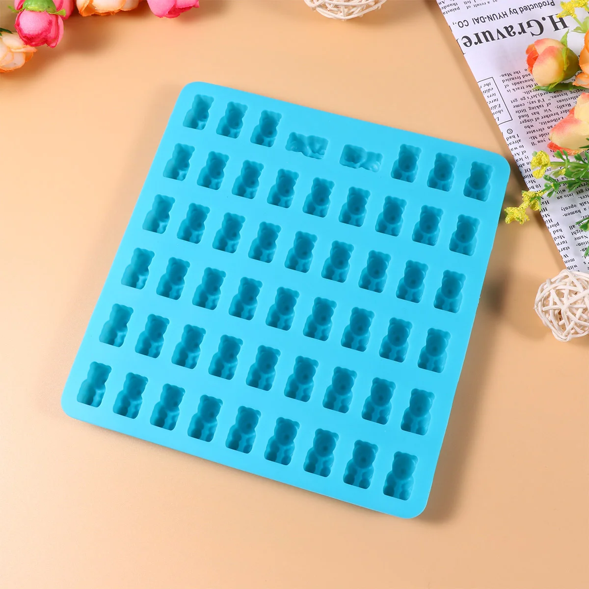 

53 Cavities Bear Chocolate Mold DIY Silicone Gummy Mould Candy Tray for Jelly Cookie Ice Cube (Sky-blue, with Dropper)