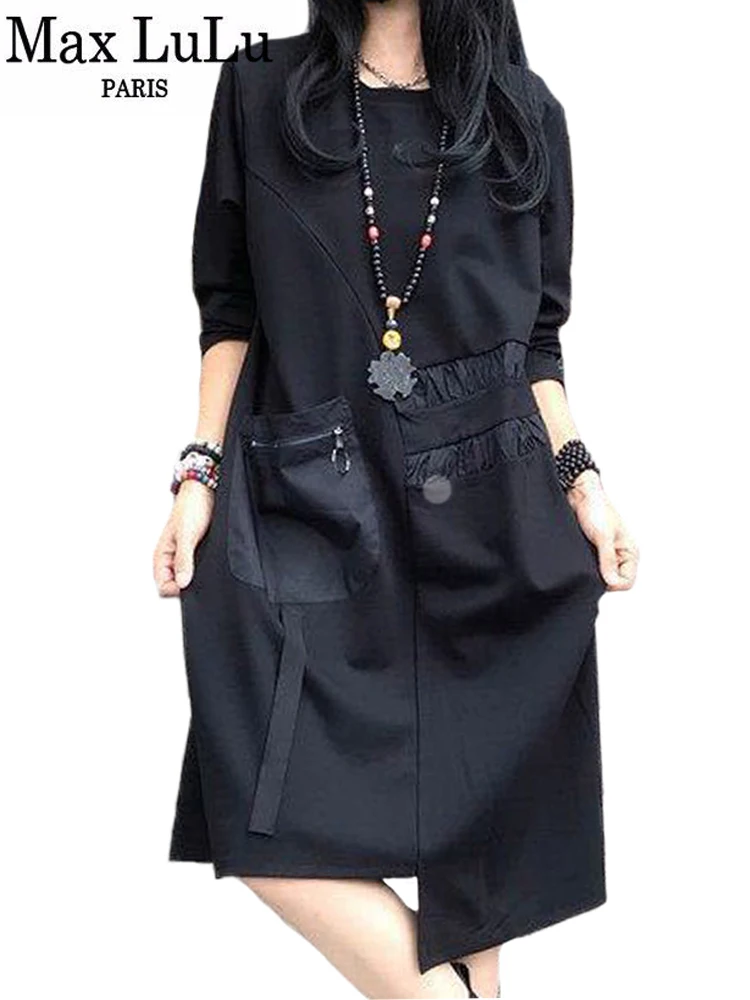 Женское лоскутное платье Max LuLu черное винтажное с круглым вырезом в готическом