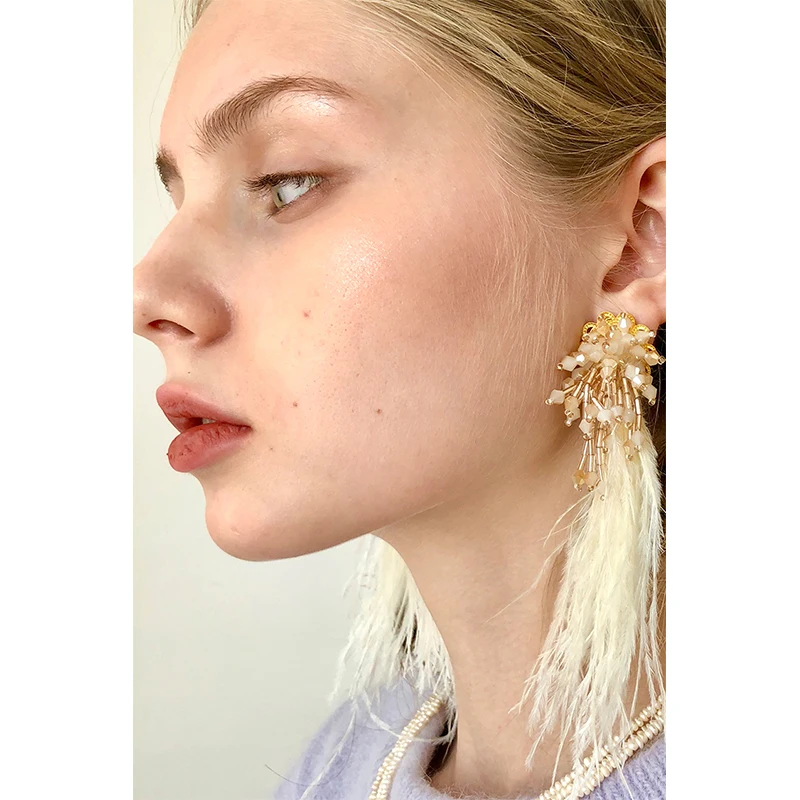 

Beaded tassel feather earrings for women vintage bohemian exaggerated elegant ear jewelry wediing romance long eardrop