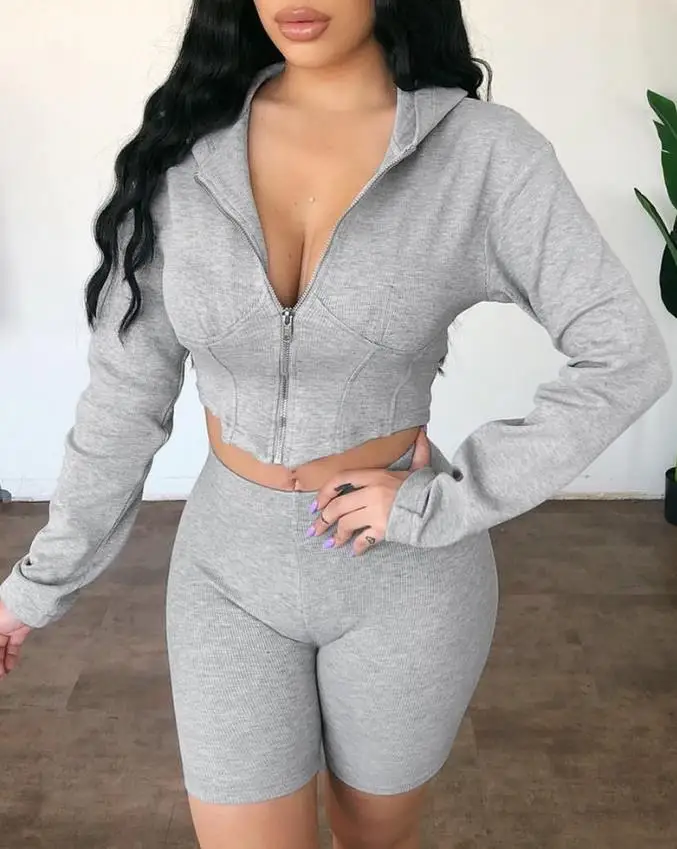 

Комплект из двух предметов, женская одежда, серый дизайн на молнии, корсет, толстовка с длинным рукавом и повседневные шорты с высокой талие...