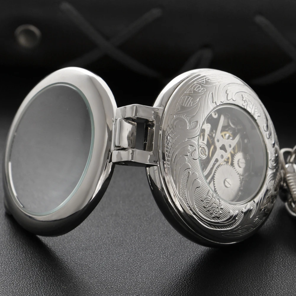 Silver Vintage Single Open Hollow Frame Mechanical Pocket Watch Men's Fob Chain Steel Sculpture Women's Gift