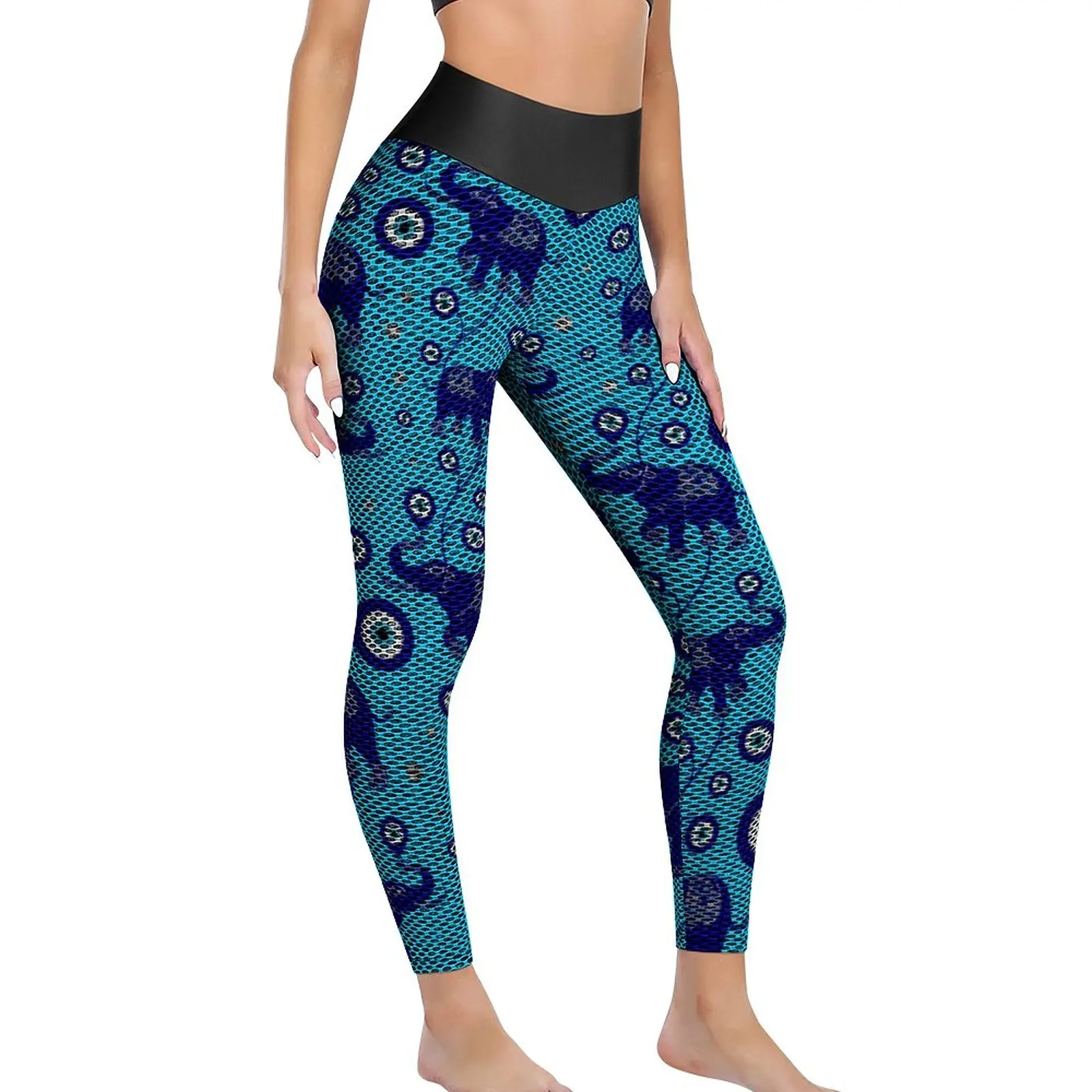 

Elephant Evil Eye Leggings Blue Amulet Print High Waist Yoga Pants Vintage Stretchy Leggins Lady Custom Work Out Sports Tights