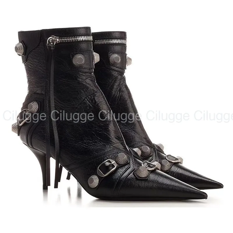 

Termainoov Spring Summer Autumn Winter Women Modern Boots Pointed Toe Thin Heel Ankle Zipper Rivet Metal Decoration Fashion Boot