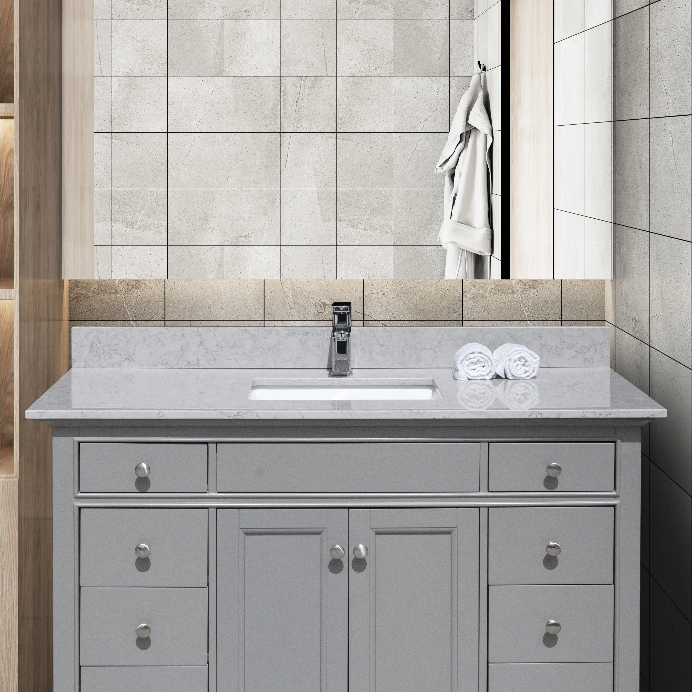 

49 Inches Bathroom Stone Vanity Top Calacatta Gray Engineered Marble Color With Undermount Ceramic Sink And Single Faucet Hole