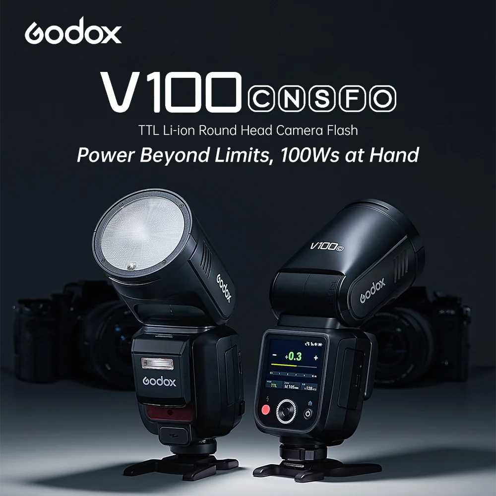 Фото Вспышка Godox V100 для камеры, 100 Втс, TTL, HSS, круглая головка, беспроводная передача данных, для Canon, Nikon, Sony, Fuji, Olympus №2