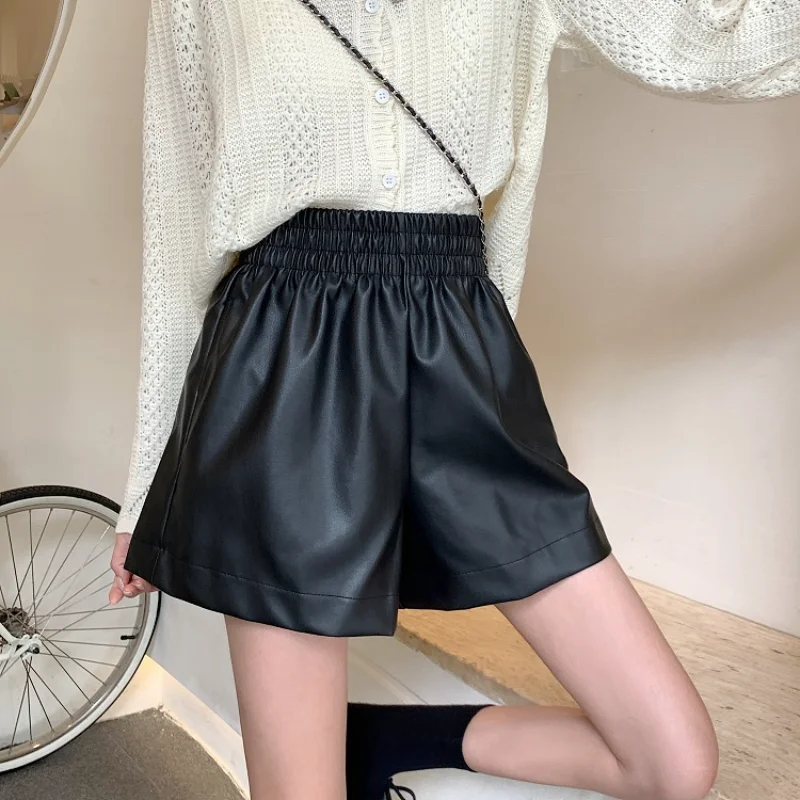 Brown PU Leather Shorts for Women Elastic Waist  A Line Wide Leg Pants Vintage Casual Bottoms Female Korean Style Clothing