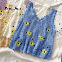 pearl diary japanese style embroider hollow out small sling short current sense of design top women v neck all match knitiing to
