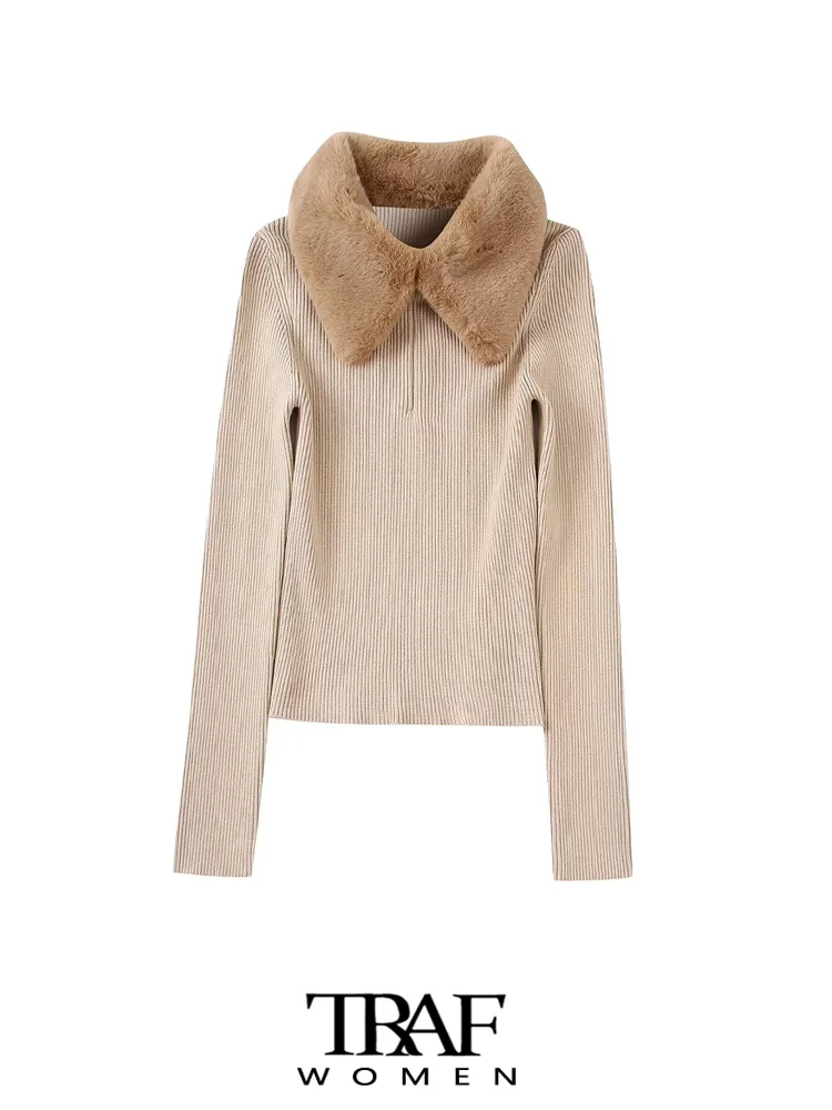 

Женский свитер с искусственным мехом, длинным рукавом и молнией спереди