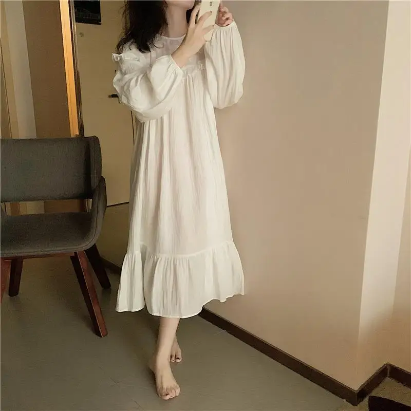 QWEEK Cotton Princess Dress Women White Long Nightie Spring Summer Sleepwear Heart Print Korean Style Breathable Soft Room Wear
