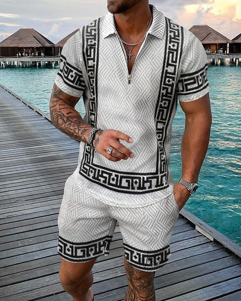 Men Summer Suit With Polo Shirt Vintage Summer Short Sleeve  two-Piece Set Male Clothing Streetwear Polo Outfits for Men