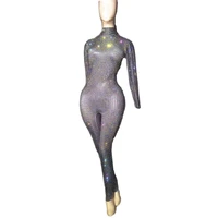 rhinestones shining sequins long sleeve jumpsuits women sexy pole dance stage perform costume party nightclub dj outfits