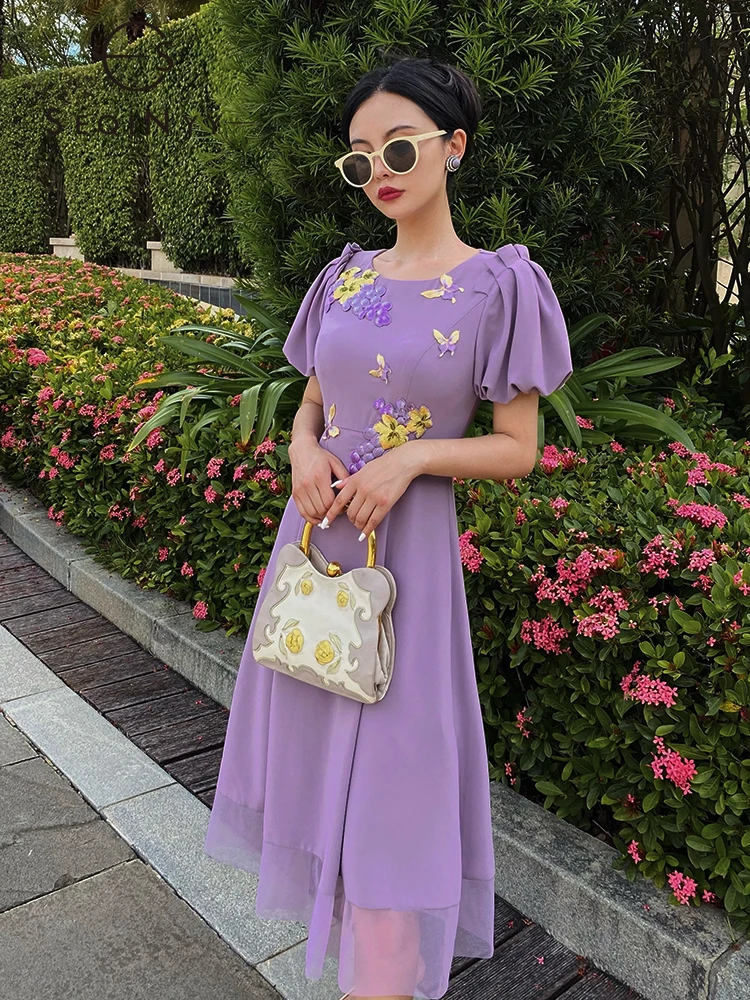 

SEQINYY Purple Knee Dress Summer Spring New Fashion Design Women Runway High Quality Embroidery Grapes Spliced Organza Elegant