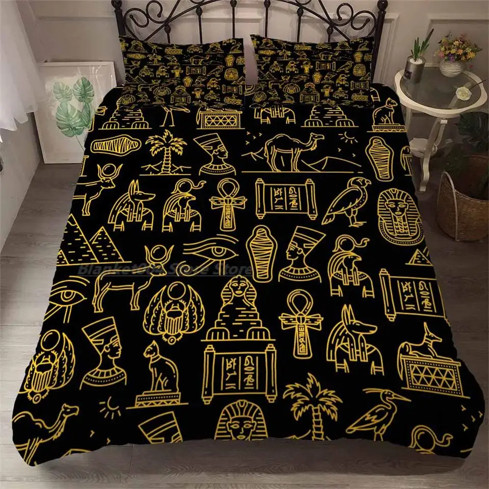 

Ancient Egypt Culture 3D Bedspread Black Gold Duvet Cover Pillowcase 3 Piece Bedding Cover Bed Cloth With Print