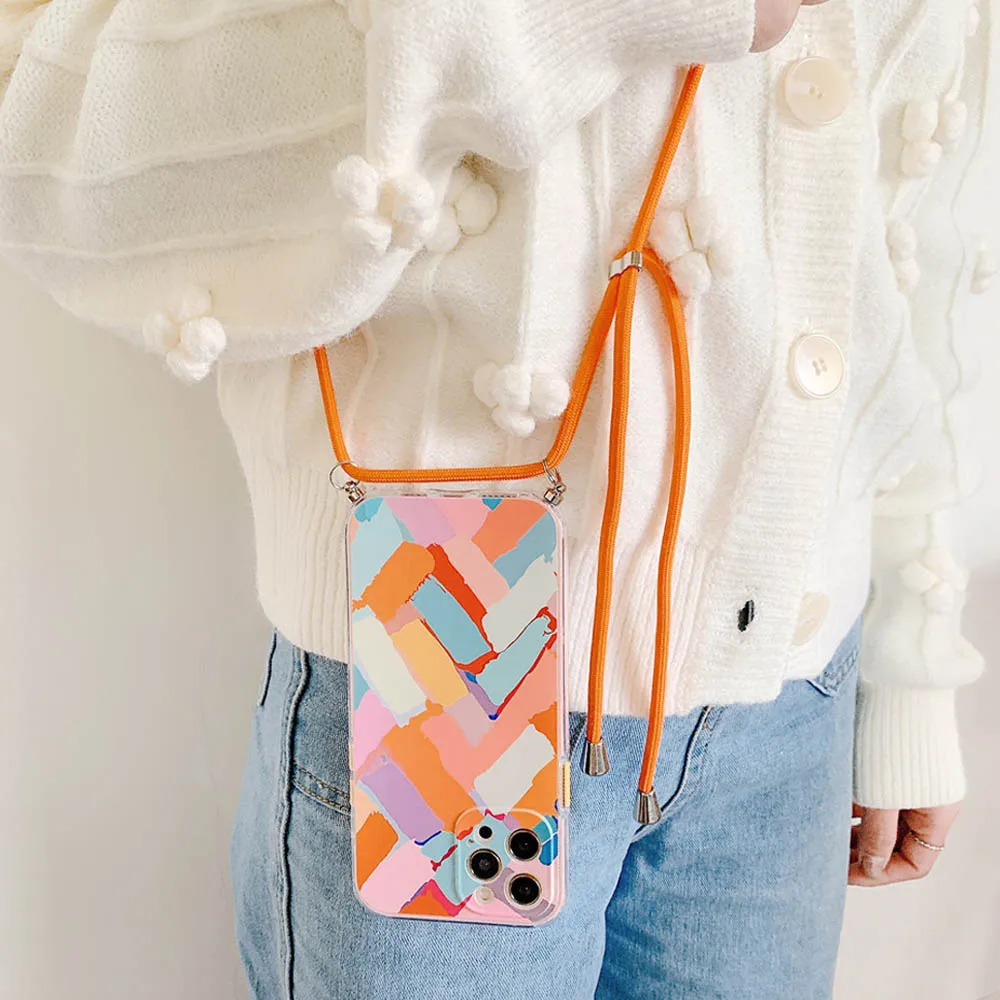 

Crossbody Lanyard Rope Phone Case For iPhone 11 12 13 Pro Max XR X XS Max 8 7 Plus SE 2020 Fundas Graffiti Silicone Back Cover