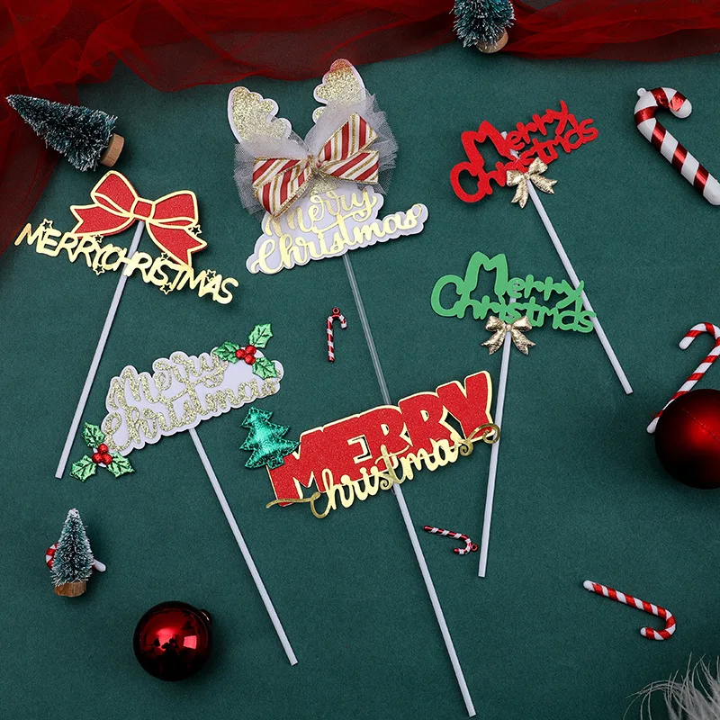 

Новый рождественский Топпер для торта с бантом Красный Зеленый лист с колоколом украшение для торта Рождественская елка олень фотография с...