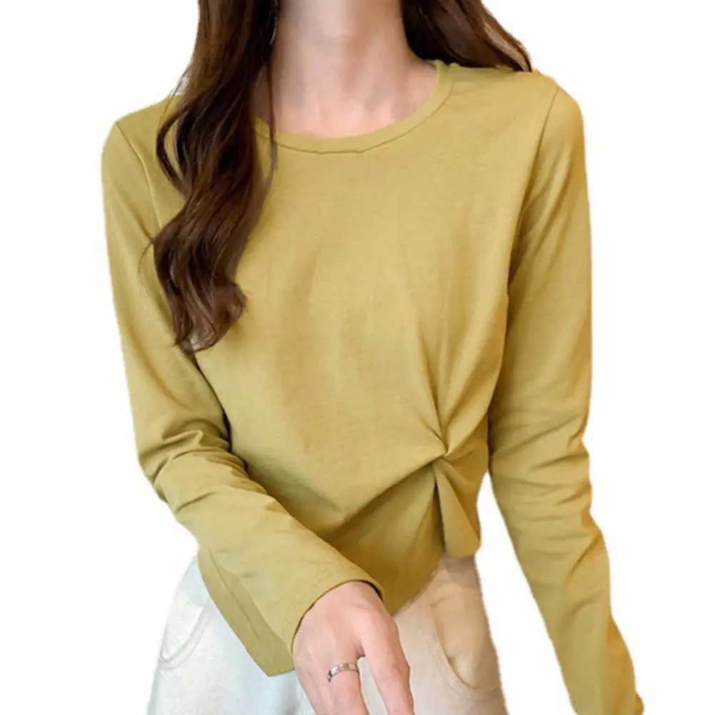 

O-Neck Long Sleeve Solid Color Women T-shirts Autumn Casual Irregular Hem Side Knot Tops Streetwear blusas mujer de moda 2022