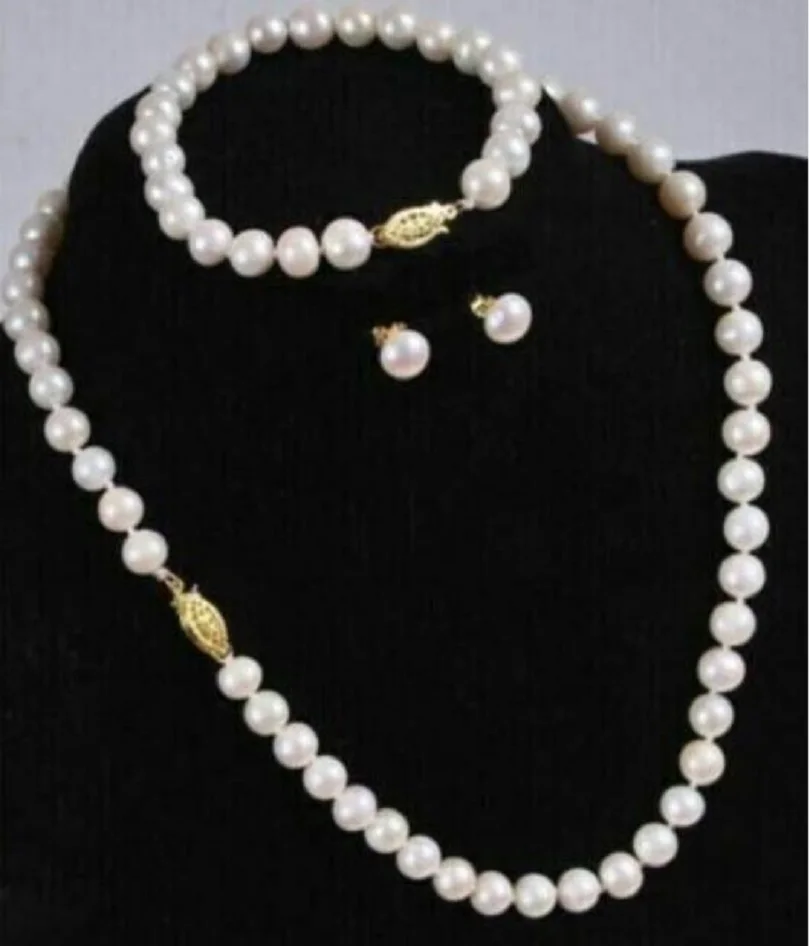 

AAA+++8-9mm South China Sea Round White Pearl Necklace Earrings Bracelet 14kP