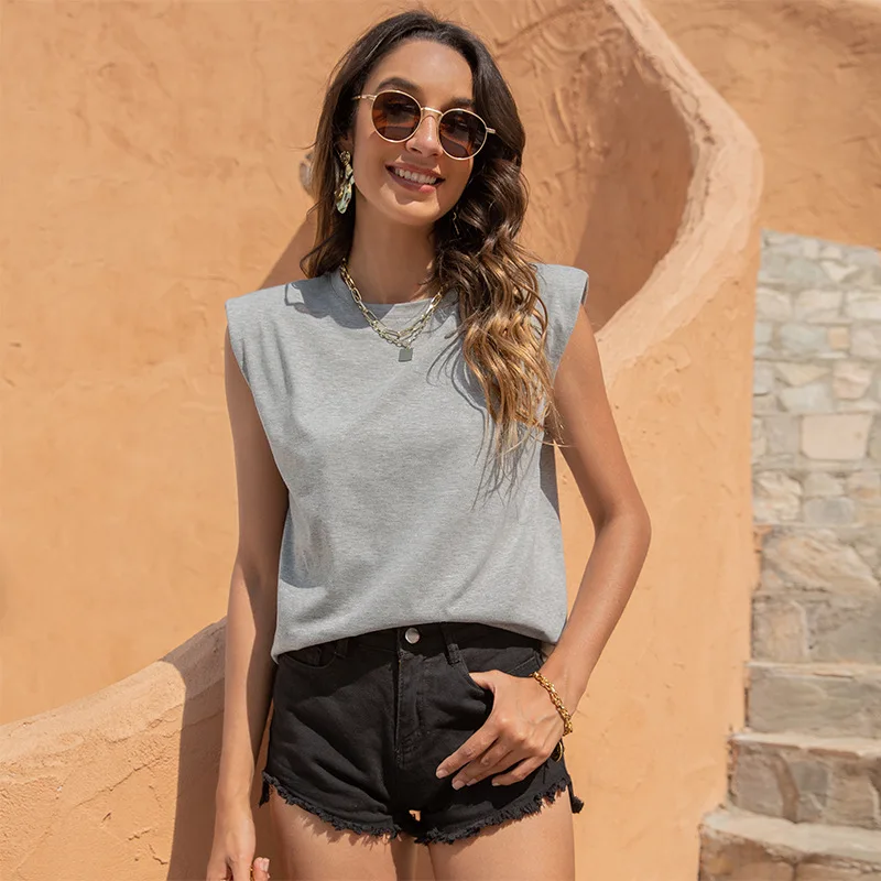 

Round Neck T-shirt women's Clothes 2022 Summer New European and American Trend Leisure Fashion Sleeveless Shoulder Pad Vest