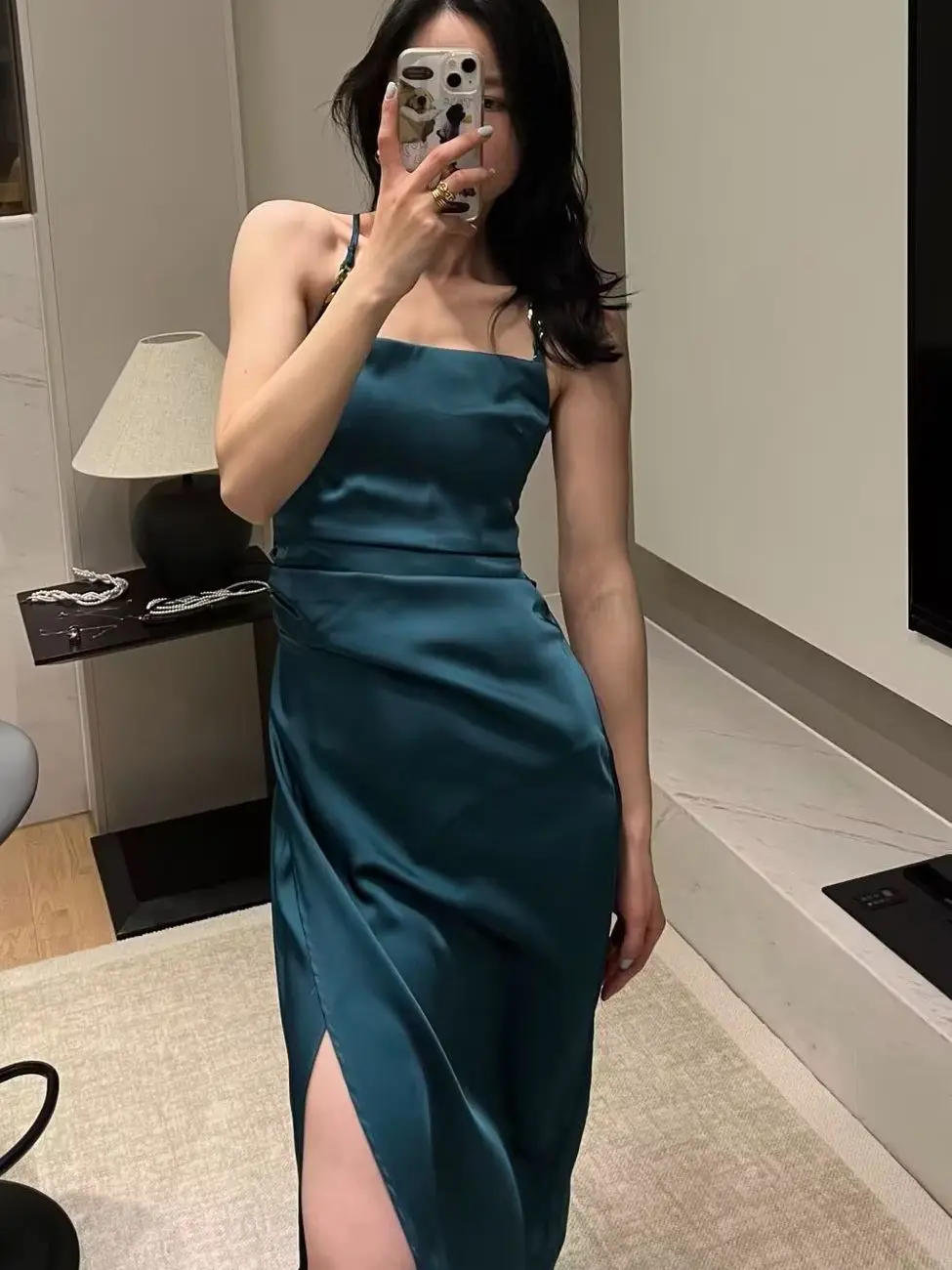

XNWMNZ 2023 women fashion satin slip dress woman holiday style straight neck chain thin straps side slit female midi dresses
