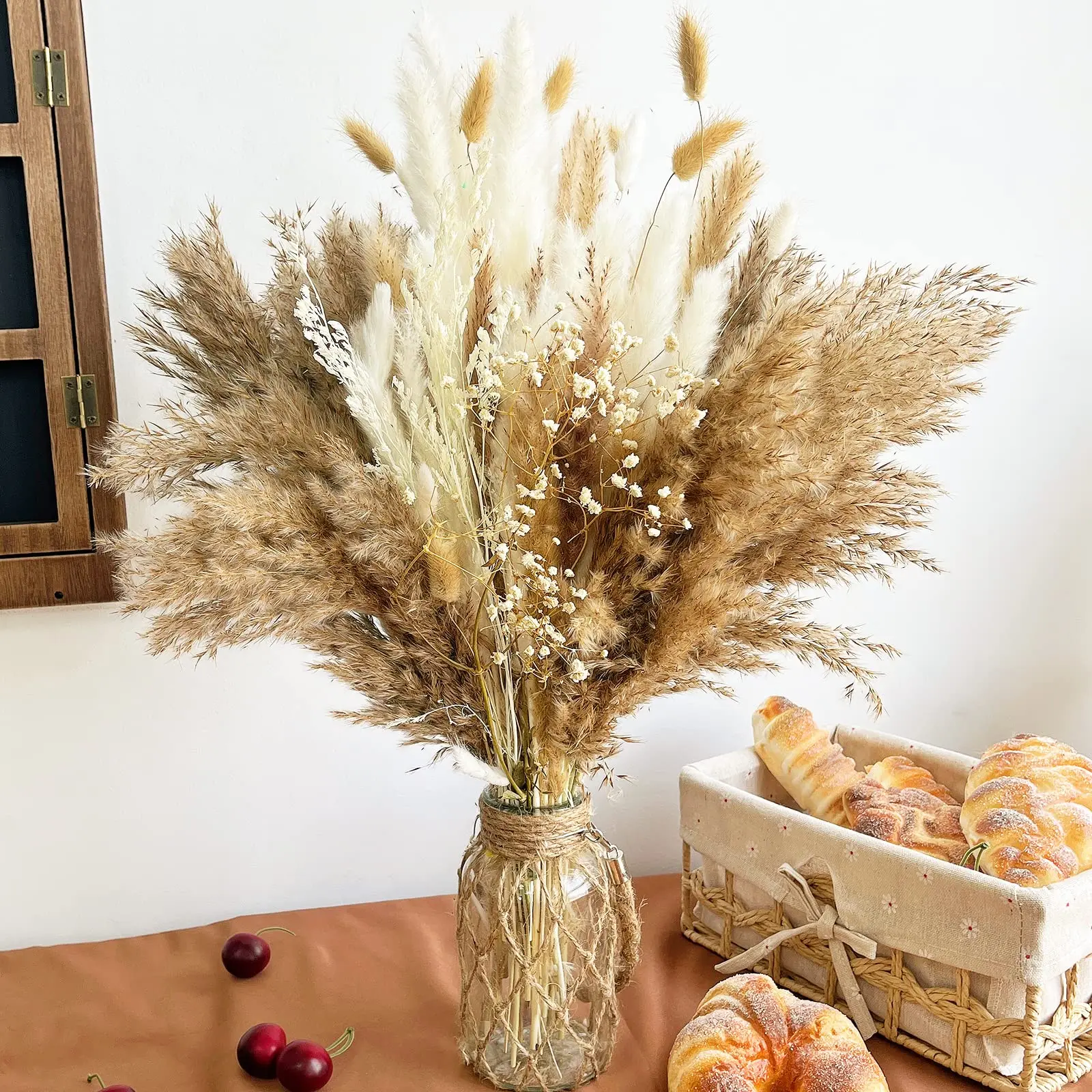 

100pcs Dried Pampa Natural Decorative,Pampas Grass Dried Flower Bouquets,Bohemian Wedding Room Birthday Decoration Vases Decor