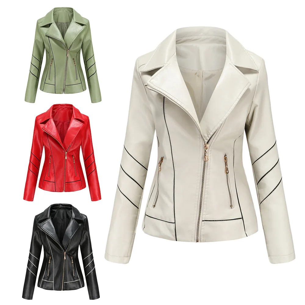 Faux Leather Jacket Women Slim Fit Patchwork Casual Turn Down Collar Biker Jackets Female Tops Black Red Green Pu Outerwear Coat