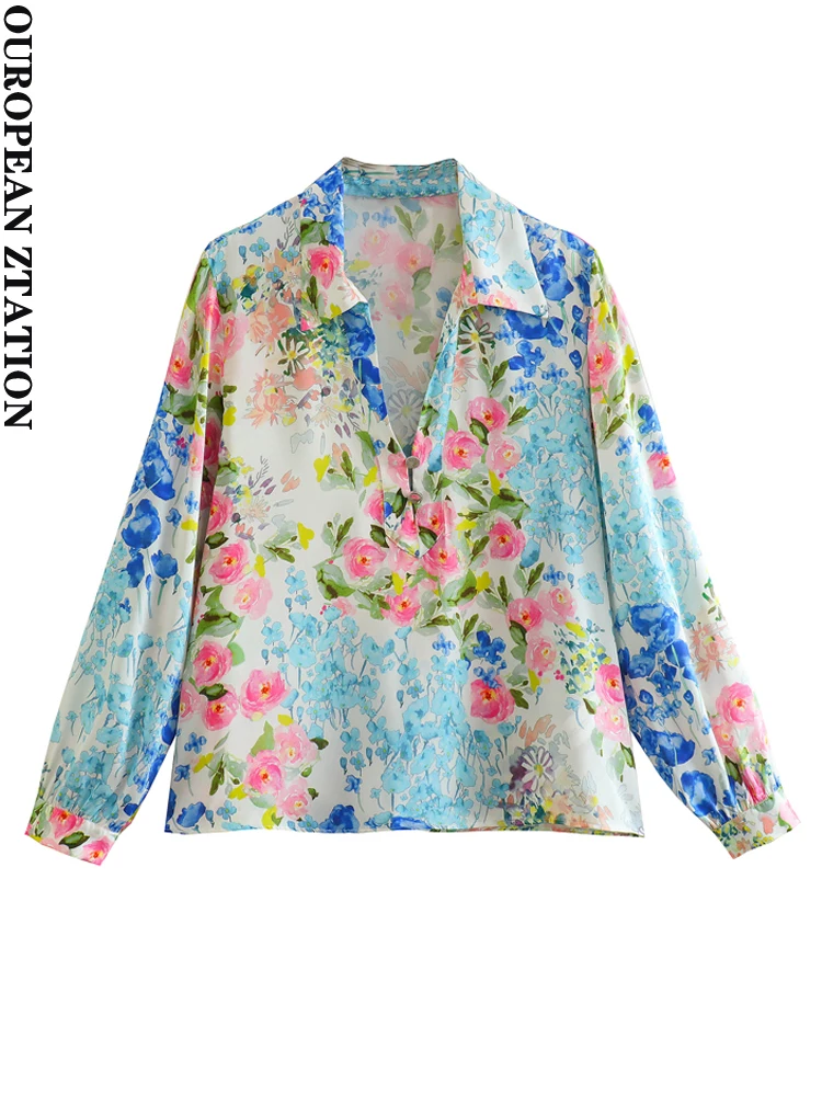 

PAILETE Women 2023 fashion floral print pleated shirts vintage long sleeve front button female blouses blusas chic tops