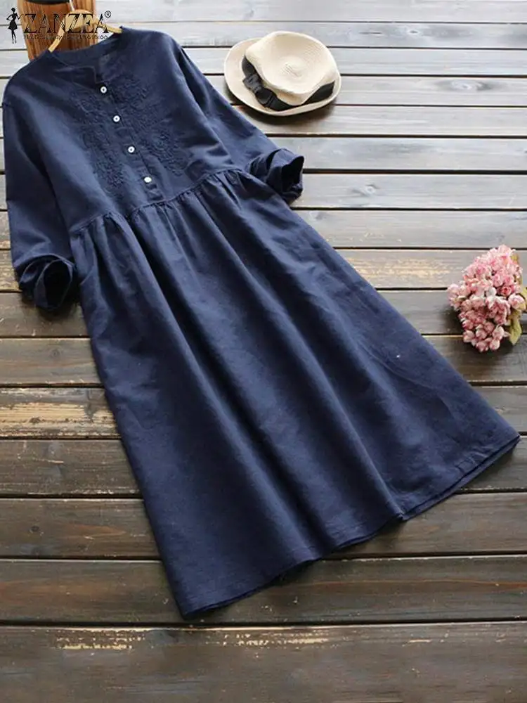 

Платье ZANZEA женское хлопковое до середины икры, винтажный элегантный вечерний сарафан с длинным рукавом и цветочной вышивкой, весна