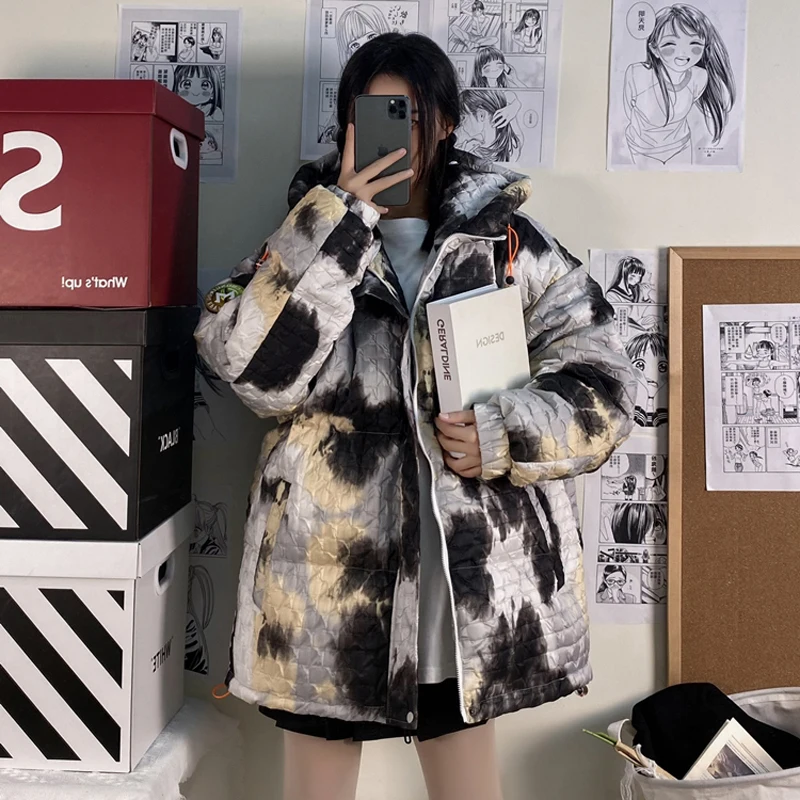 Mens Tie Dye Print Duck Down Puffer Jacket for Winter Fashion Trends Warm Clothes Couple Oversized Hooded Bubble Coat Streetwear