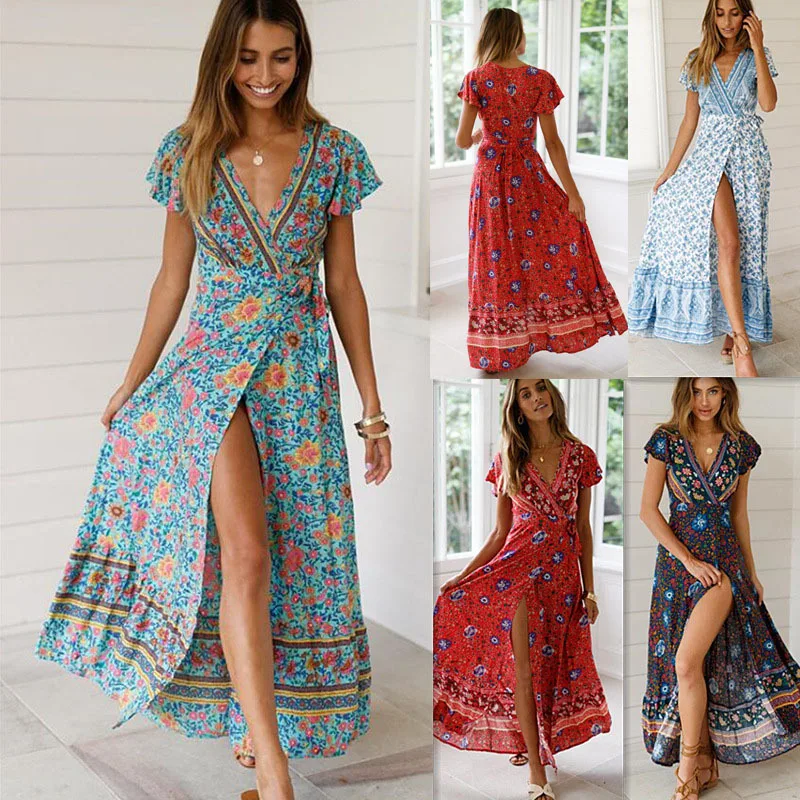 

Summer Casual Vacation Floral Print Dress Sexy Long Dress Women Fashion Beach Bodycon Short Sleeves Dresses