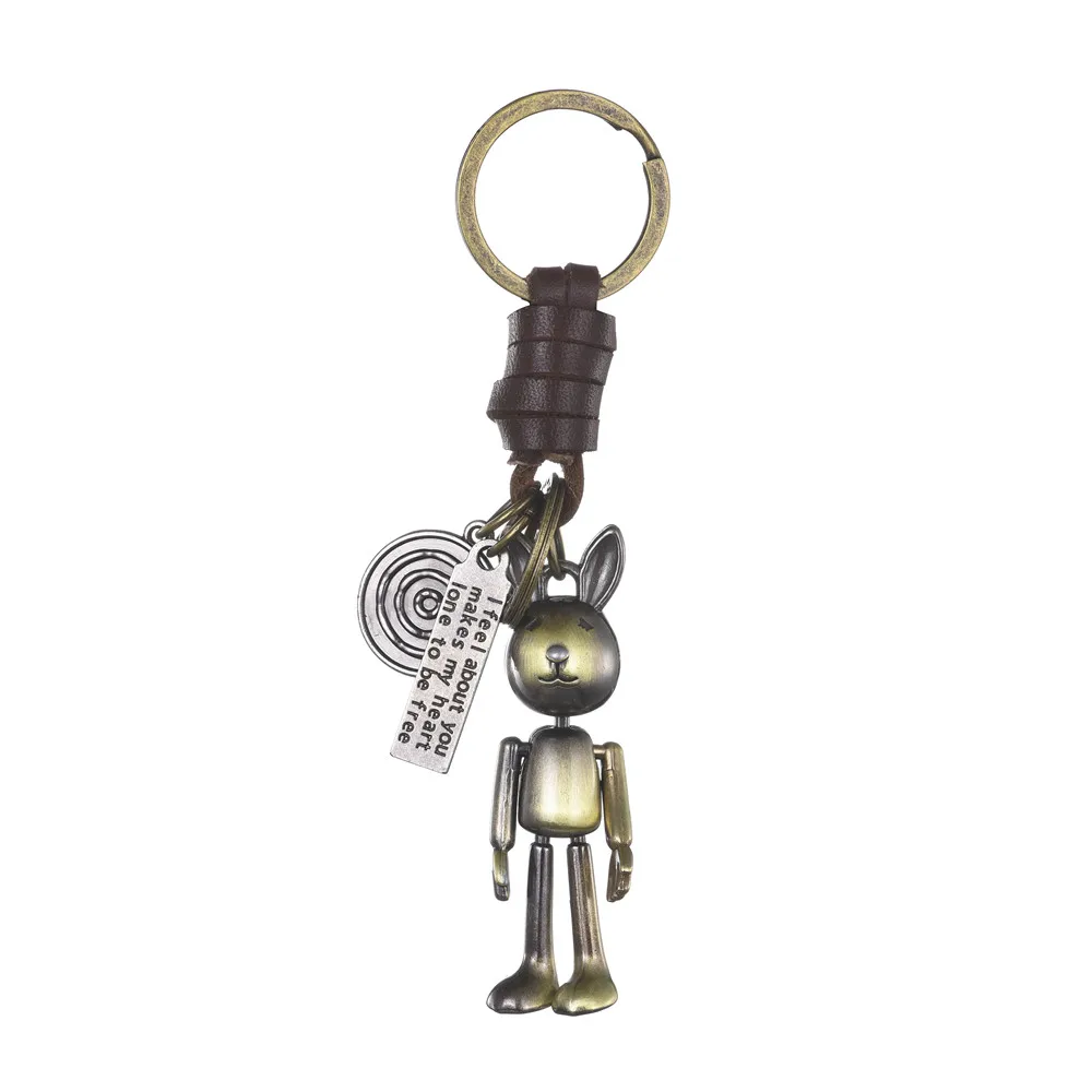

Vintage hand woven cartoon animal rabbit robot cowhide keychain creative minimalist small gift car pendant