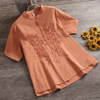 balonimo summer embroidery shirt classic short sleeve o neck blouse vintage casual tops womens shirts loose camisas de mujer