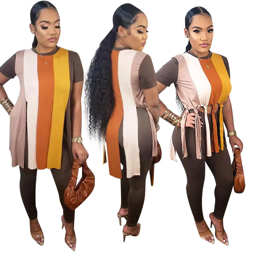 

Women's Clothing Tracksuit Two Piece Set Fitness Outfits Elegant Women Set Tassel Hem Striped T-shirt and Pants Suit Sweatsuit