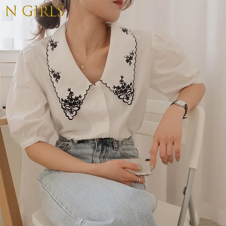 

Shirts Women White Embroidery Tender Peter Pan Collar Lovely Sweet Solid Classy Puff Sleeve Tops Mujer Summer Straight Elegant