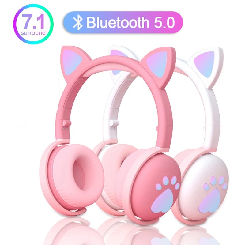 

Wireless Headhand Gamer Pink Cat Ear Bluetooth 5.0 Fone de ouvid Cute PS4 Phone PC With Mic 3.5mm Gaming Phone PS4 Overear Gamer