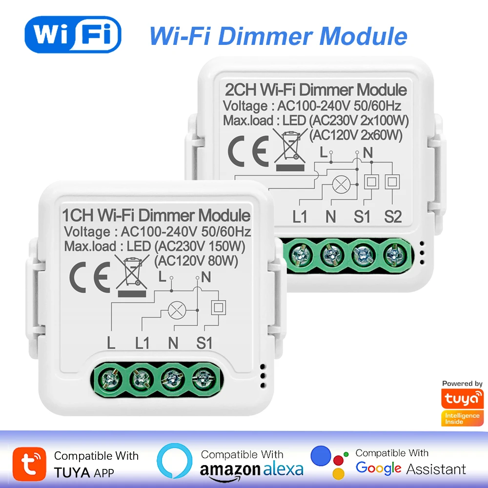 

WiFi Smart Dimmer Switch Module Tuya APP Remote Timing 1/2 Gang Mini Switches Voice Control Compatible With Alexa Google Home