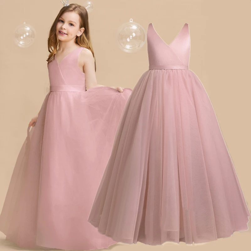 

Teen Girl Wedding Party Elegant Gown Kids Girl Evening Tulle Prom Dress Flower Girl Bridesmaid Dresses Elegant Wear for 6-14T
