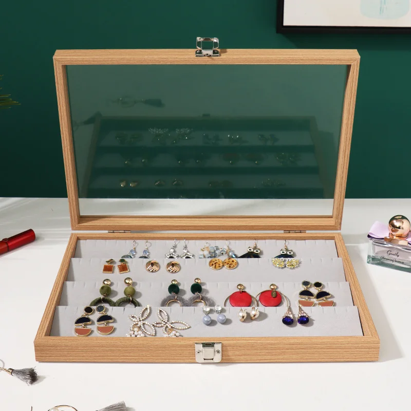 Rosewood Jewelry Display Box Ear Card Jewelry Organizer Necklace Display Tray Ring Bracelet Storage Box Glass Dust Cover