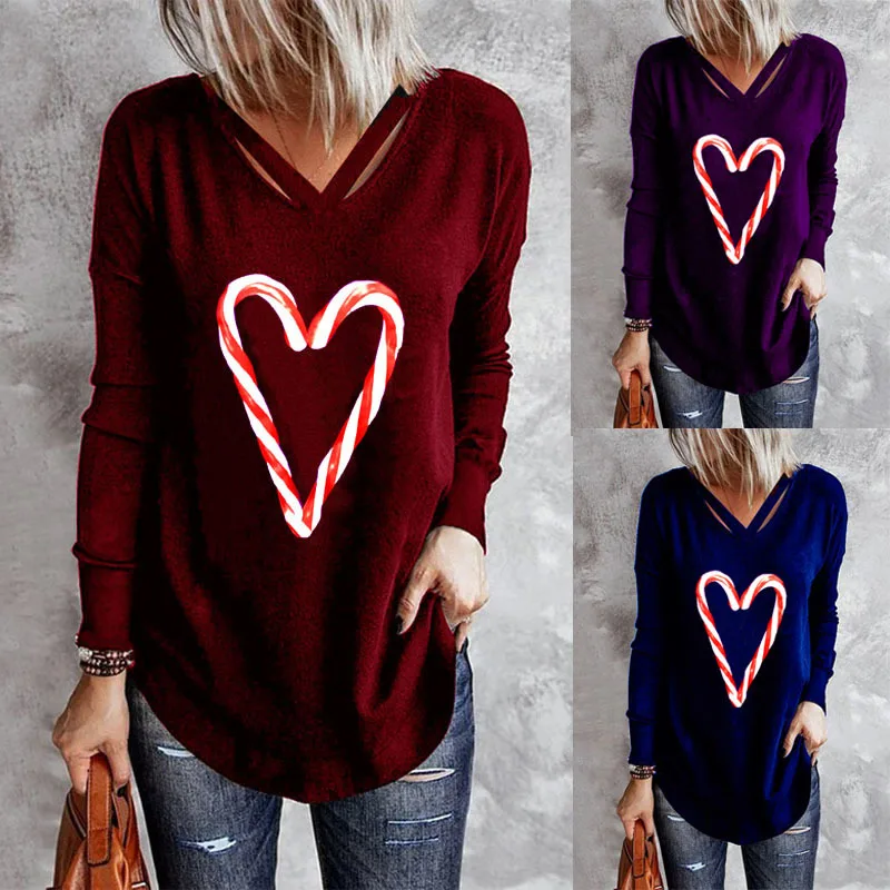 

Новинка 2022, Женская Осенняя Повседневная футболка с V-образным вырезом и длинными рукавами с принтом в виде сердечек, женские модные топы с р...