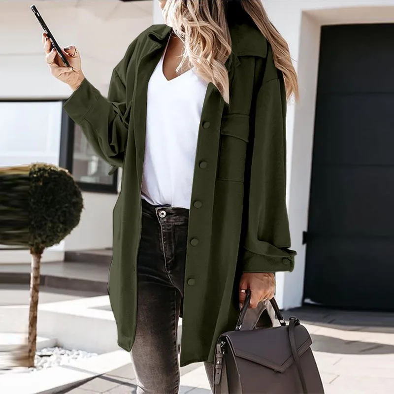 

Women Turn-down Collar Button Outerwear Coat Spring Elegant Solid Long Office Tops Jacket 2022 Autumn Long Sleeve Loose Cardigan