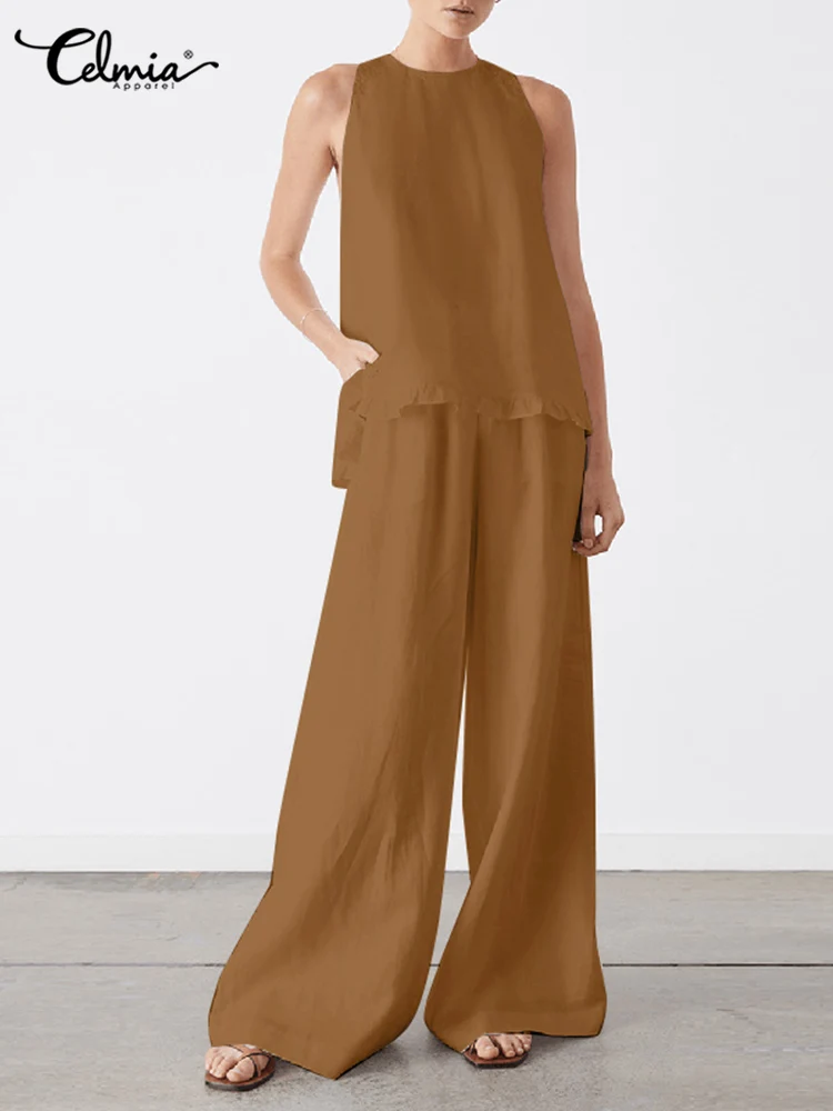 

Casual Loose 2 Piece Sets Celmia Women Solid Sleeveless Ruffles Tank Tops Wide Leg Long Pants Fashion Elastic High Waist Suits