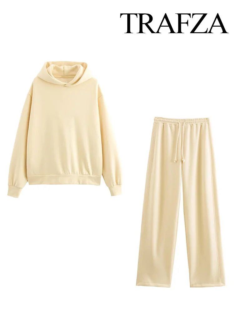TRAFZA женские модные брючные костюмы трендовый однотонный свитшот с капюшоном топ